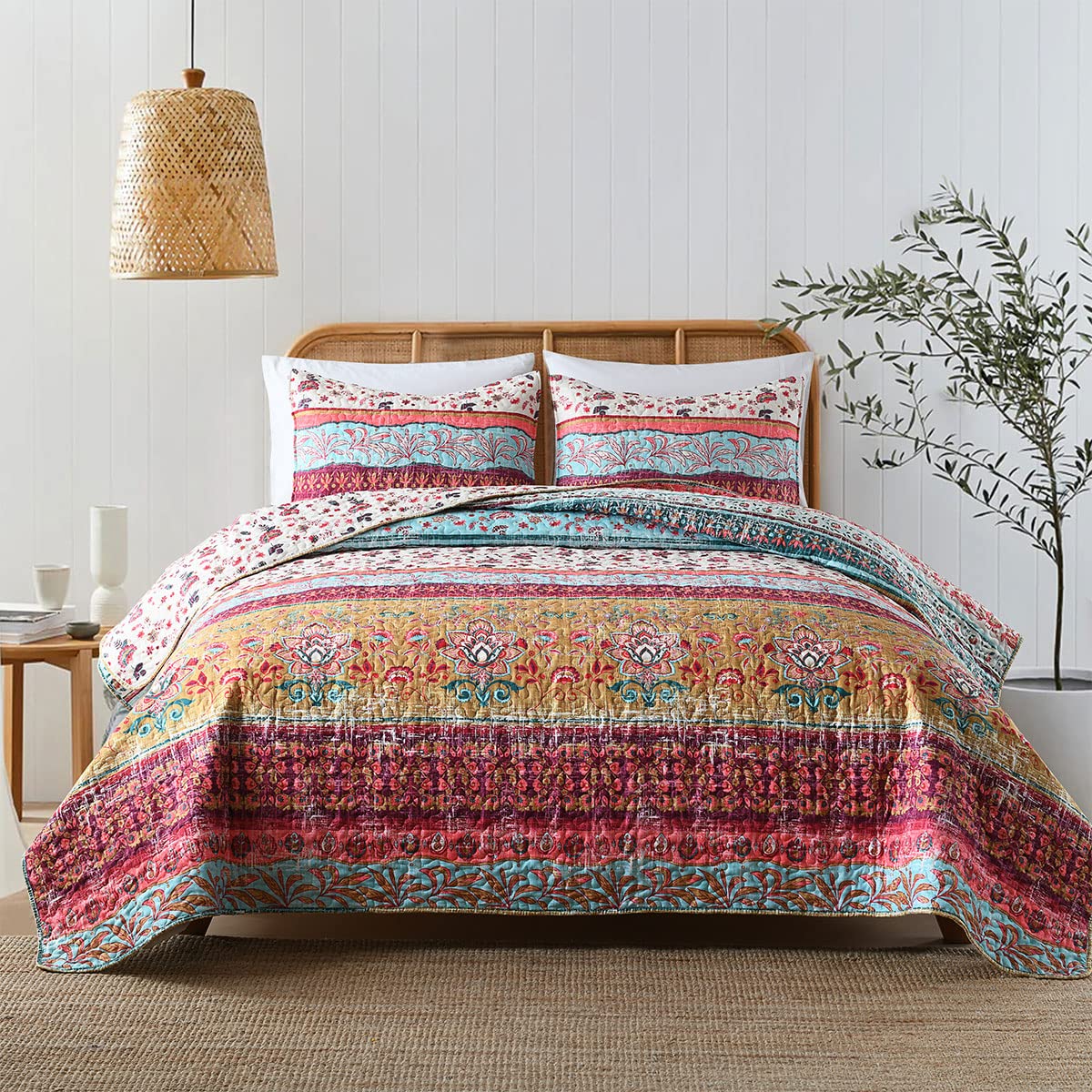 Boho Style Queen Quilt Set Reversible Bohemian Floral Strip Quilt Beddding Set, Soft And Lightweight Bedspread For All Season, F